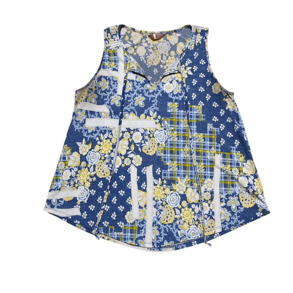 SJS Sleeveless Blouse Women’s L Blue Floral Casual Tank Top Tie Front V Neck